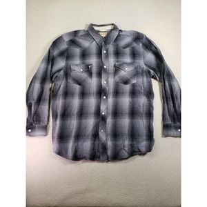 Roebuck Shirt Mens XL Cowboy Western Plaid Point‎ Pocket Button Gray Pearl Snap